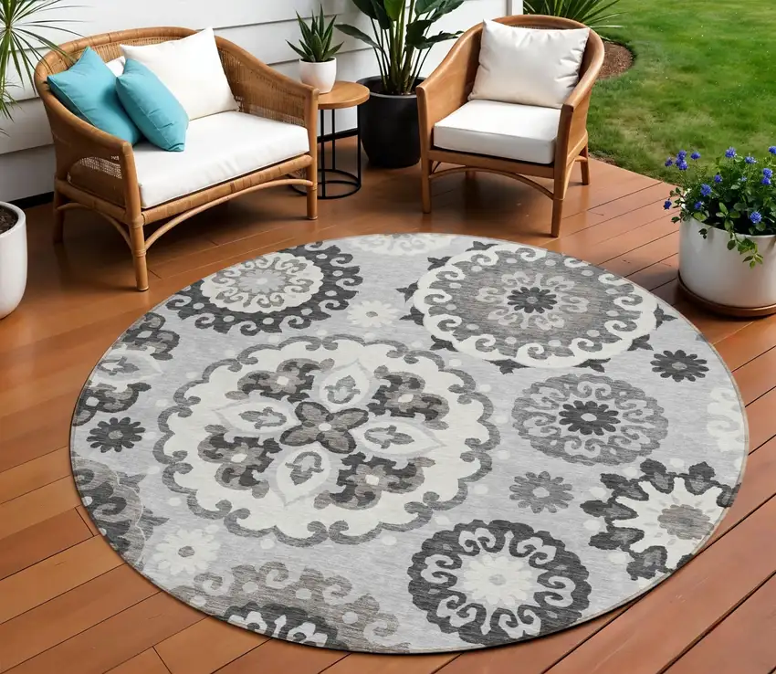 8' Silver Gray And Ivory Round Floral Medallion Washable Indoor Outdoor Area Rug Photo 1