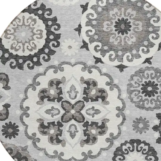8' Silver Gray And Ivory Round Floral Medallion Washable Indoor Outdoor Area Rug Photo 4