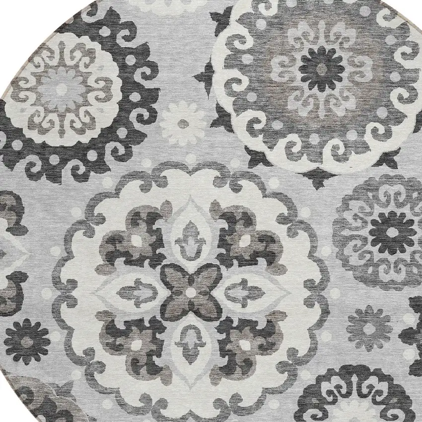 8' Silver Gray And Ivory Round Floral Medallion Washable Indoor Outdoor Area Rug Photo 4