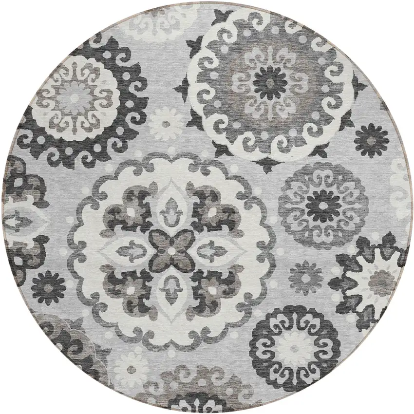 8' Silver Gray And Ivory Round Floral Medallion Washable Indoor Outdoor Area Rug Photo 1