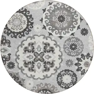 Photo of 8' Silver Gray And Ivory Round Floral Medallion Washable Indoor Outdoor Area Rug