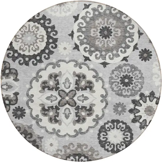 8' Silver Gray And Ivory Round Floral Medallion Washable Indoor Outdoor Area Rug Photo 1