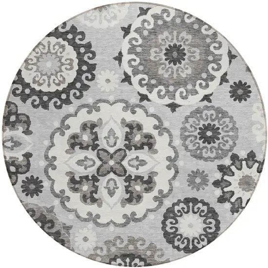 8' Silver Gray And Ivory Round Floral Medallion Washable Indoor Outdoor Area Rug Photo 1