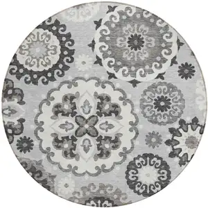Photo of 8' Silver Gray And Ivory Round Floral Medallion Washable Indoor Outdoor Area Rug