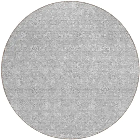 8' Silver Gray And Ivory Round Floral Washable Indoor Outdoor Area Rug Photo 2