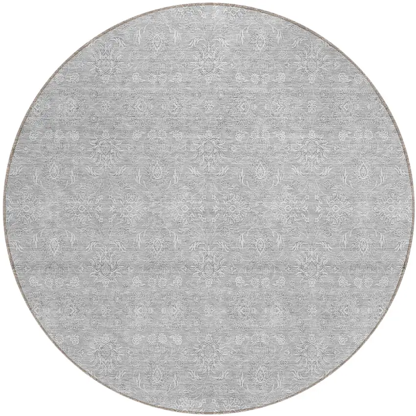 8' Silver Gray And Ivory Round Floral Washable Indoor Outdoor Area Rug Photo 2