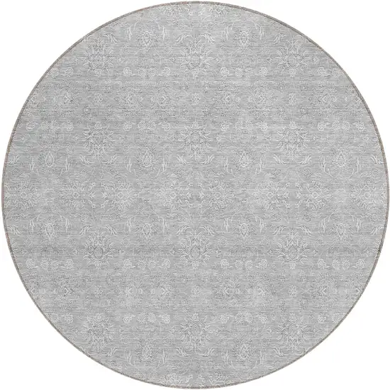 8' Silver Gray And Ivory Round Floral Washable Indoor Outdoor Area Rug Photo 2