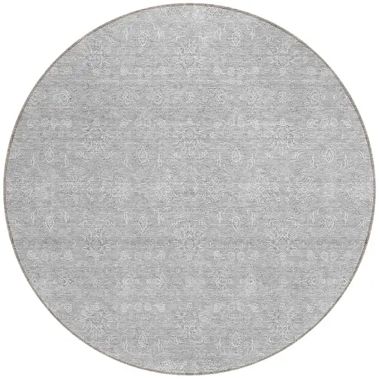 8' Silver Gray And Ivory Round Floral Washable Indoor Outdoor Area Rug Photo 5