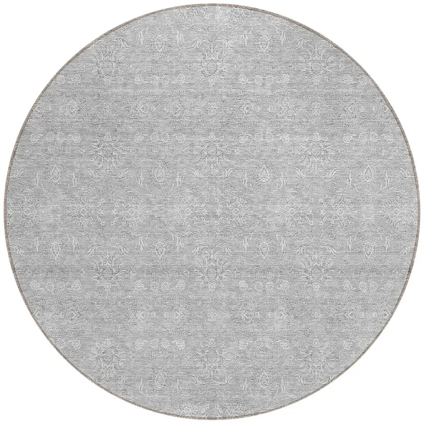 8' Silver Gray And Ivory Round Floral Washable Indoor Outdoor Area Rug Photo 5