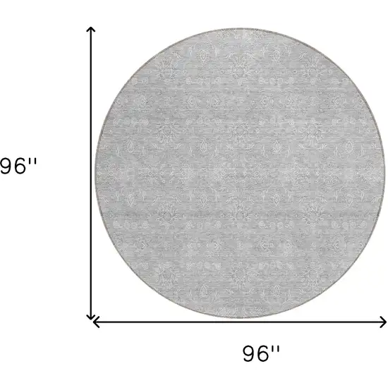 8' Silver Gray And Ivory Round Floral Washable Indoor Outdoor Area Rug Photo 8