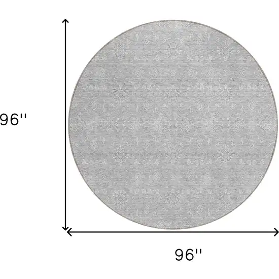 8' Silver Gray And Ivory Round Floral Washable Indoor Outdoor Area Rug Photo 8
