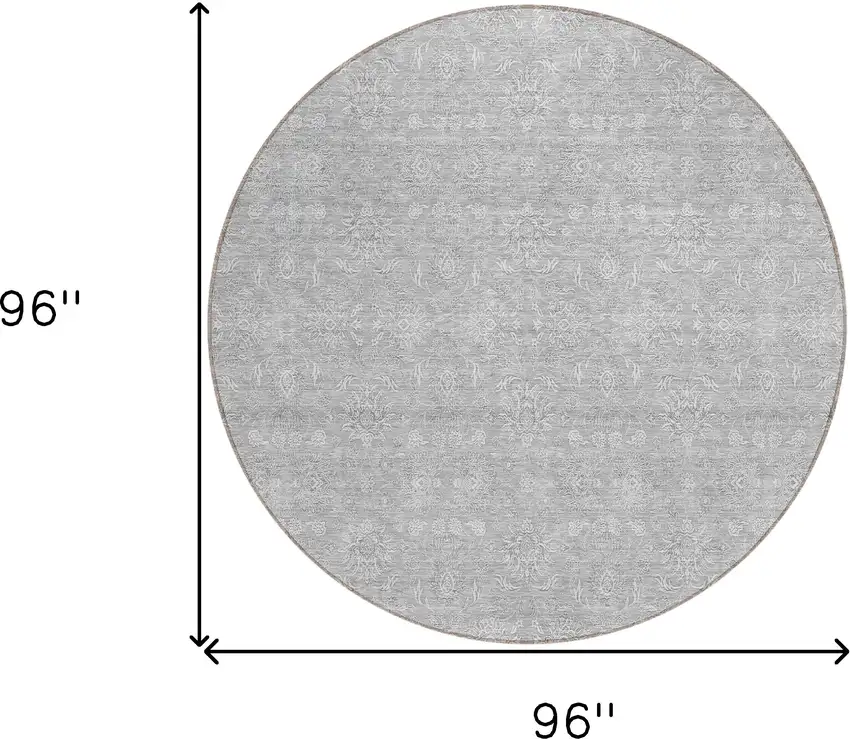 8' Silver Gray And Ivory Round Floral Washable Indoor Outdoor Area Rug Photo 8