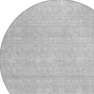 Photo of 8' Silver Gray And Ivory Round Floral Washable Indoor Outdoor Area Rug
