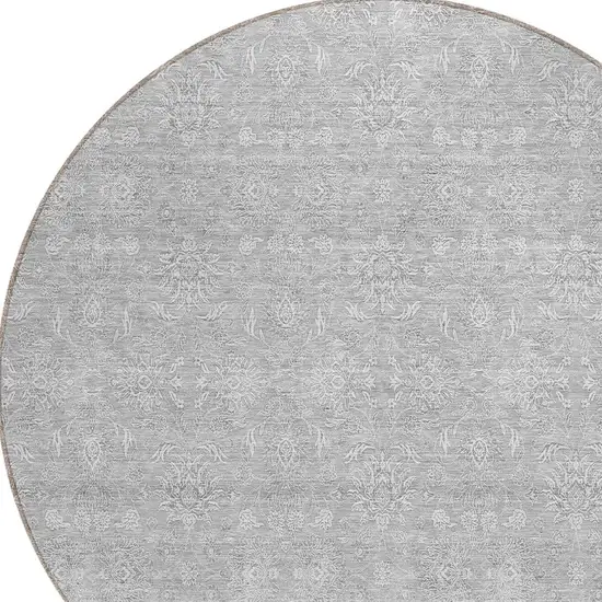 8' Silver Gray And Ivory Round Floral Washable Indoor Outdoor Area Rug Photo 4