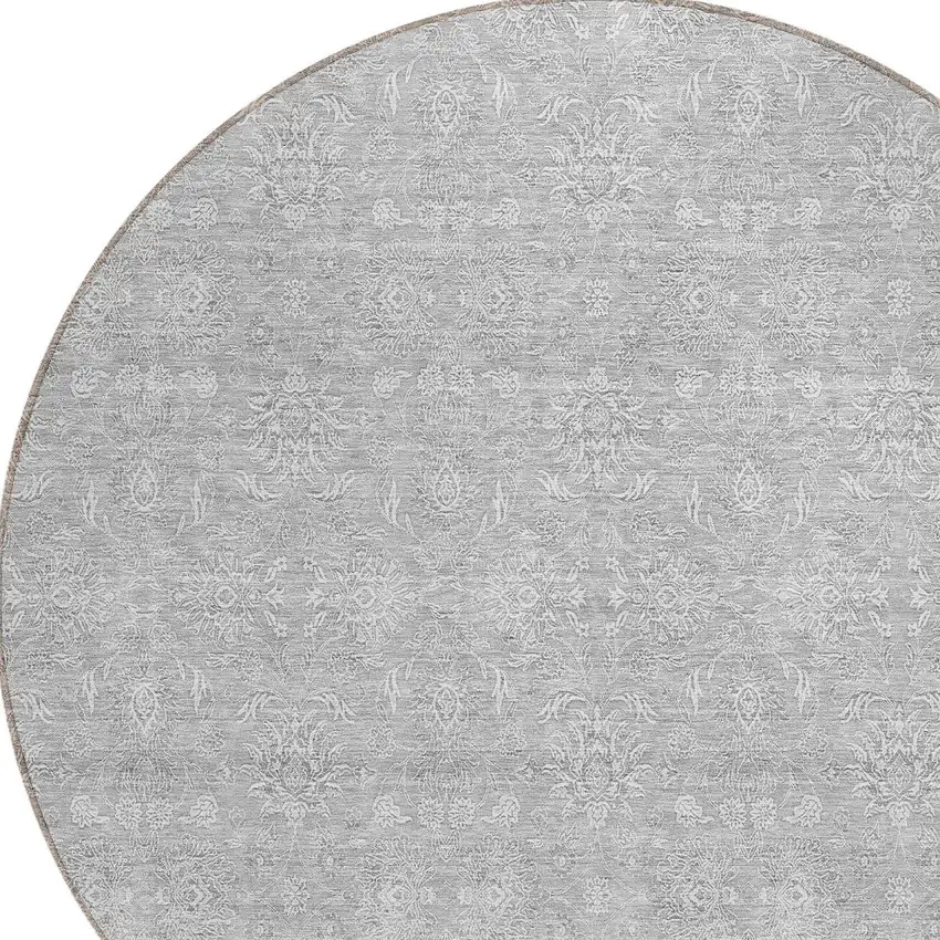 8' Silver Gray And Ivory Round Floral Washable Indoor Outdoor Area Rug Photo 4