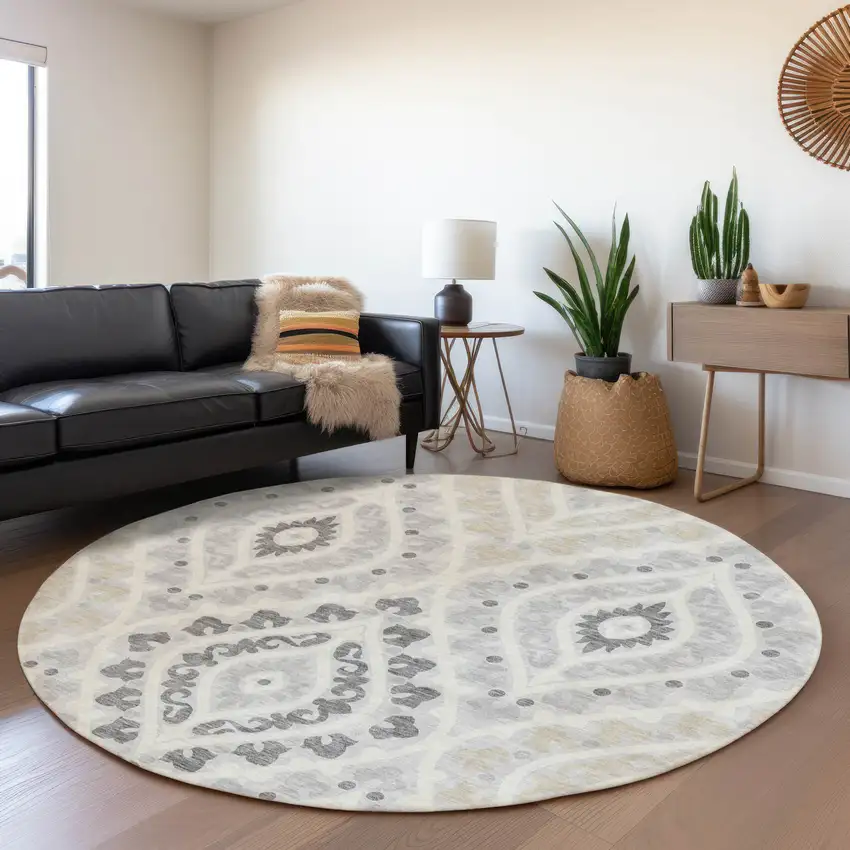 8' Silver Gray And Ivory Round Floral Washable Indoor Outdoor Area Rug Photo 7