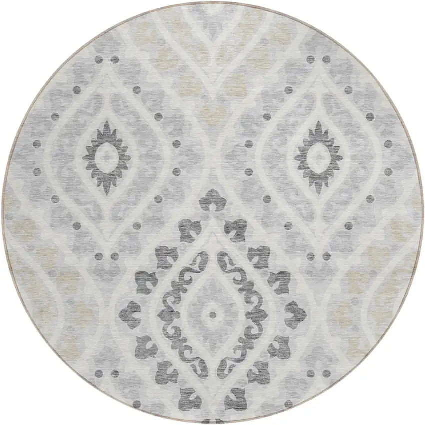 8' Silver Gray And Ivory Round Floral Washable Indoor Outdoor Area Rug Photo 1