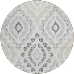 Photo of 8' Silver Gray And Ivory Round Floral Washable Indoor Outdoor Area Rug
