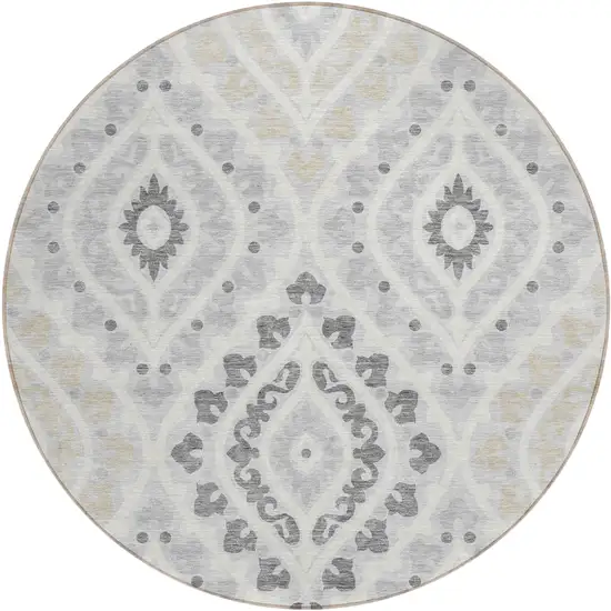 8' Silver Gray And Ivory Round Floral Washable Indoor Outdoor Area Rug Photo 1