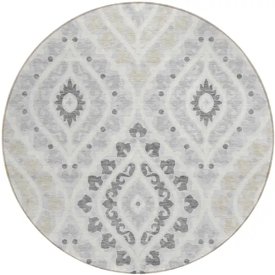8' Silver Gray And Ivory Round Floral Washable Indoor Outdoor Area Rug Photo 1