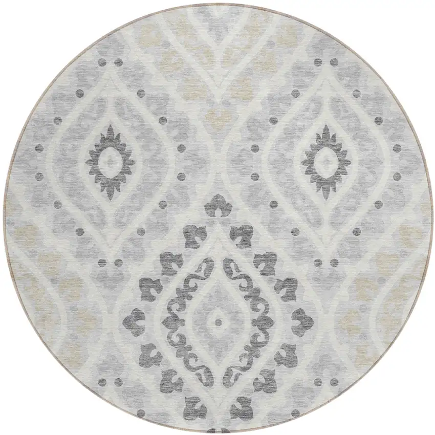 8' Silver Gray And Ivory Round Floral Washable Indoor Outdoor Area Rug Photo 1