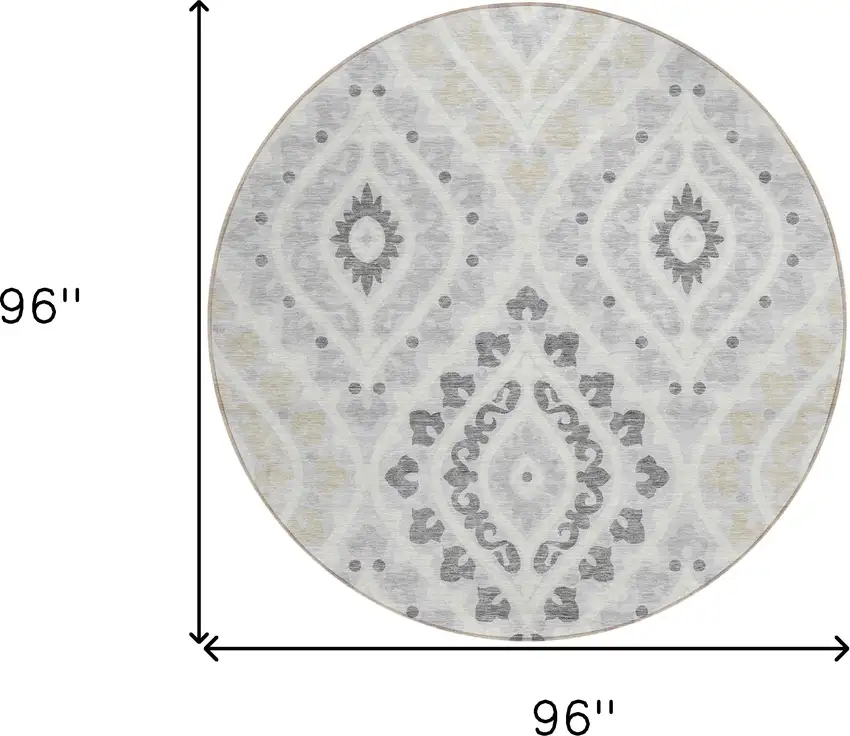 8' Silver Gray And Ivory Round Floral Washable Indoor Outdoor Area Rug Photo 8
