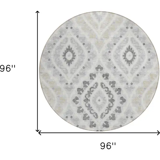 8' Silver Gray And Ivory Round Floral Washable Indoor Outdoor Area Rug Photo 8