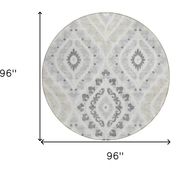 8' Silver Gray And Ivory Round Floral Washable Indoor Outdoor Area Rug Photo 8