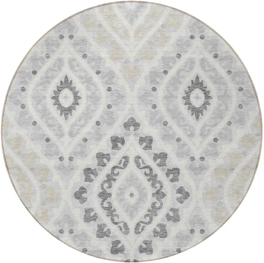 8' Silver Gray And Ivory Round Floral Washable Indoor Outdoor Area Rug Photo 5
