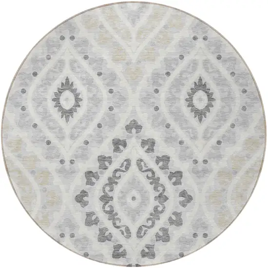 8' Silver Gray And Ivory Round Floral Washable Indoor Outdoor Area Rug Photo 5