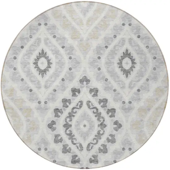 8' Silver Gray And Ivory Round Floral Washable Indoor Outdoor Area Rug Photo 5