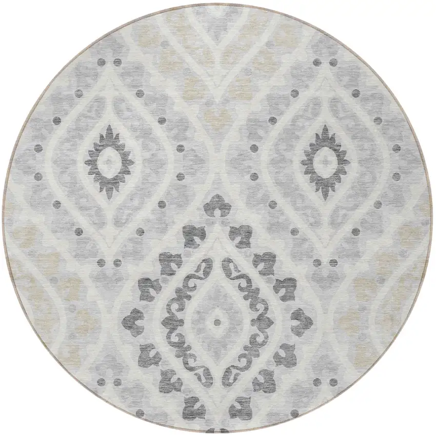 8' Silver Gray And Ivory Round Floral Washable Indoor Outdoor Area Rug Photo 5