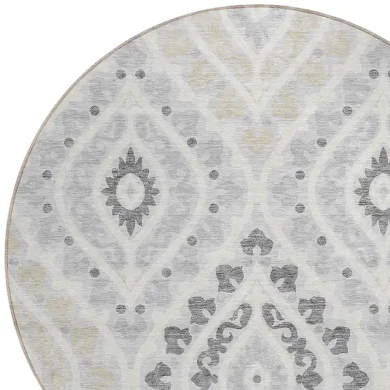 8' Silver Gray And Ivory Round Floral Washable Indoor Outdoor Area Rug Photo 4