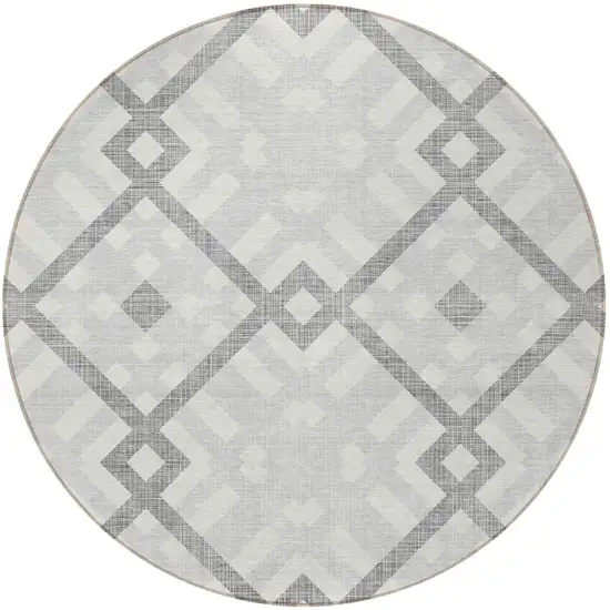 8' Silver Gray And Ivory Round Geometric Washable Indoor Outdoor Area Rug Photo 4