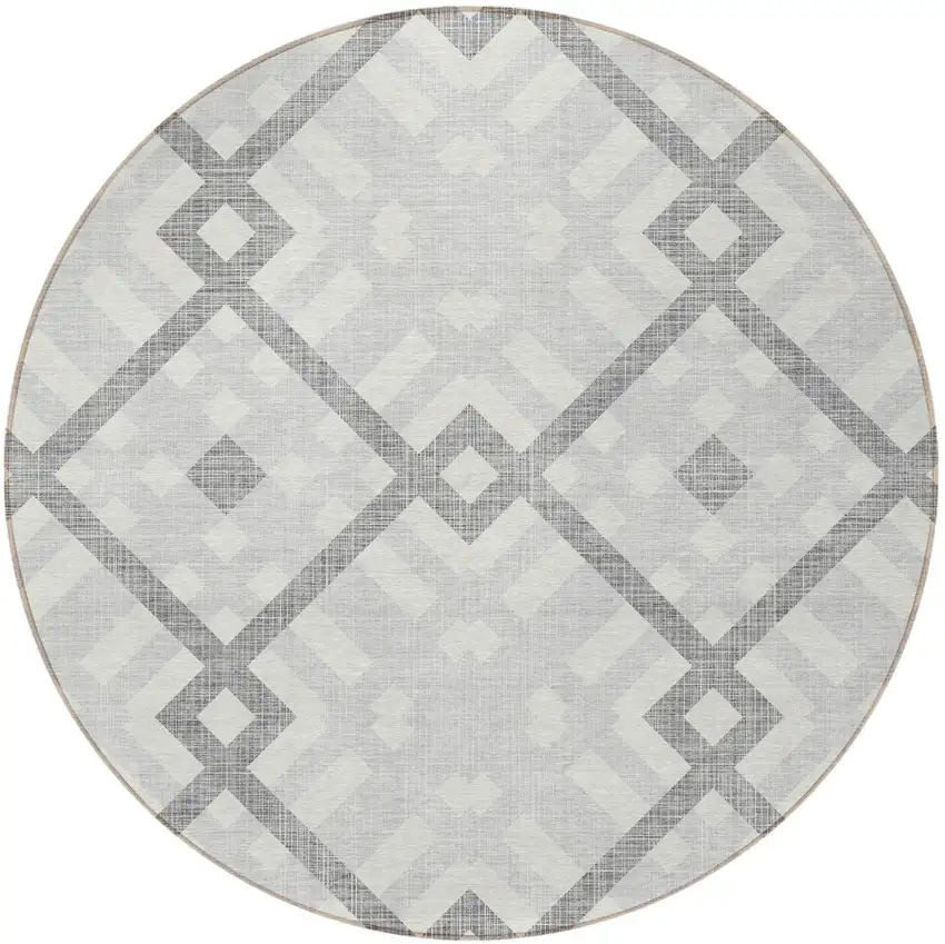 8' Silver Gray And Ivory Round Geometric Washable Indoor Outdoor Area Rug Photo 4