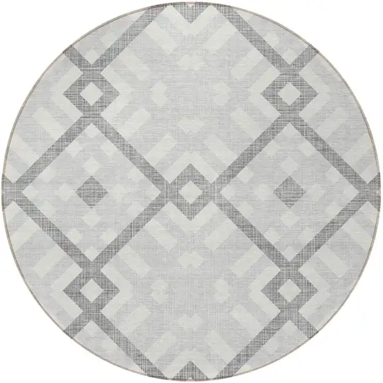 8' Silver Gray And Ivory Round Geometric Washable Indoor Outdoor Area Rug Photo 4