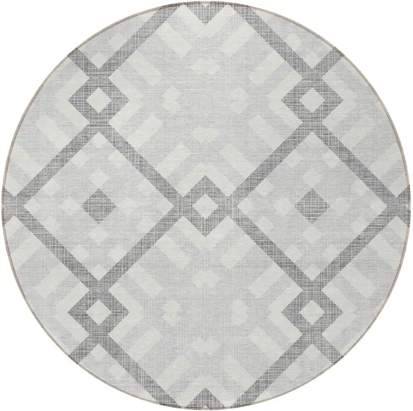 8' Silver Gray And Ivory Round Geometric Washable Indoor Outdoor Area Rug Photo 4