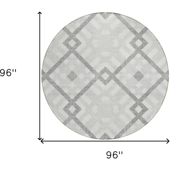 8' Silver Gray And Ivory Round Geometric Washable Indoor Outdoor Area Rug Photo 3
