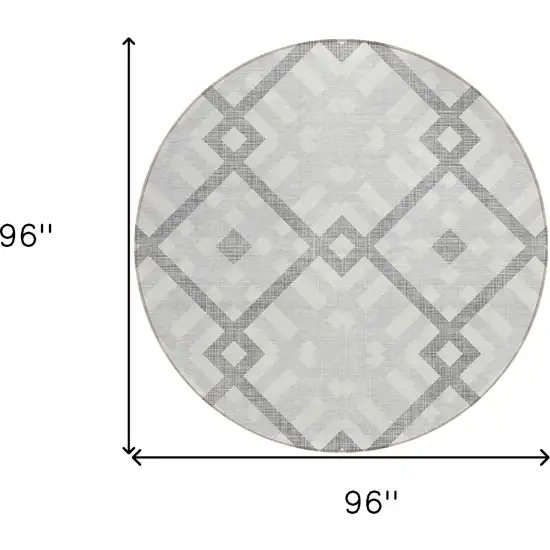 8' Silver Gray And Ivory Round Geometric Washable Indoor Outdoor Area Rug Photo 3