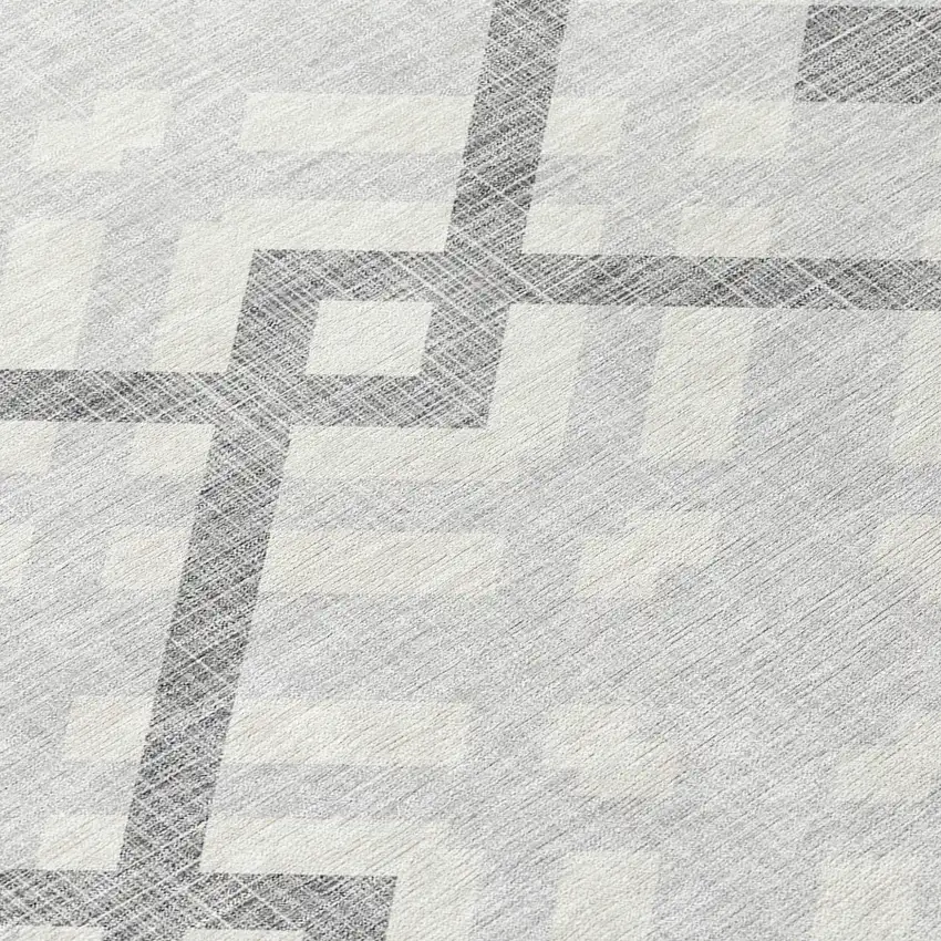 8' Silver Gray And Ivory Round Geometric Washable Indoor Outdoor Area Rug Photo 7