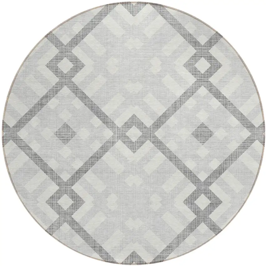 8' Silver Gray And Ivory Round Geometric Washable Indoor Outdoor Area Rug Photo 2