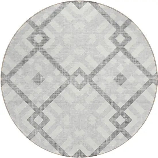 8' Silver Gray And Ivory Round Geometric Washable Indoor Outdoor Area Rug Photo 2