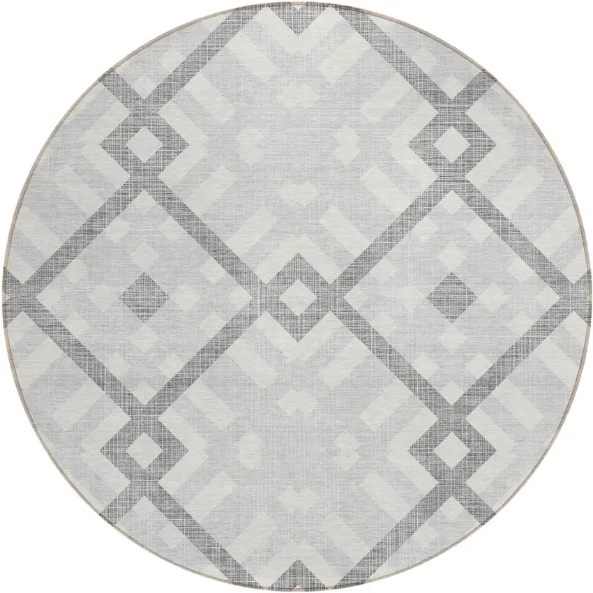 8' Silver Gray And Ivory Round Geometric Washable Indoor Outdoor Area Rug Photo 2