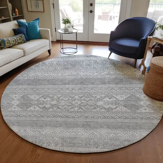 8' Silver Gray And Ivory Round Southwestern Washable Indoor Outdoor Area Rug Photo 7