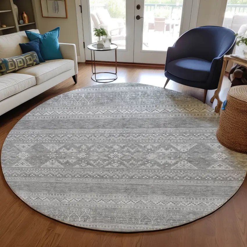 8' Silver Gray And Ivory Round Southwestern Washable Indoor Outdoor Area Rug Photo 7