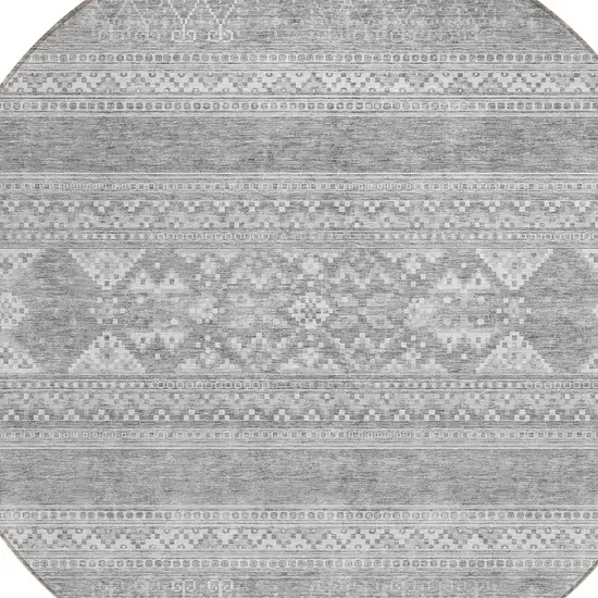 8' Silver Gray And Ivory Round Southwestern Washable Indoor Outdoor Area Rug Photo 4