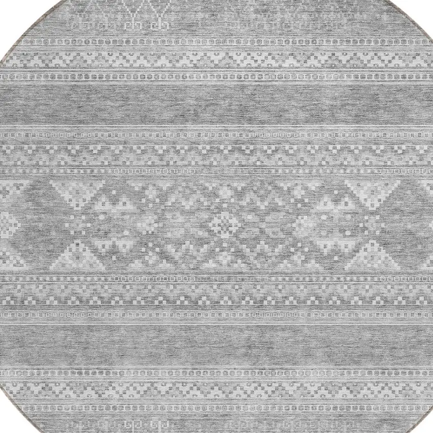 8' Silver Gray And Ivory Round Southwestern Washable Indoor Outdoor Area Rug Photo 4