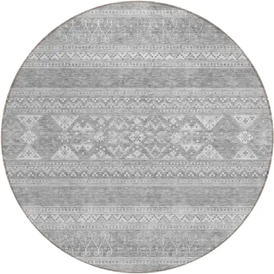 8' Silver Gray And Ivory Round Southwestern Washable Indoor Outdoor Area Rug Photo 1
