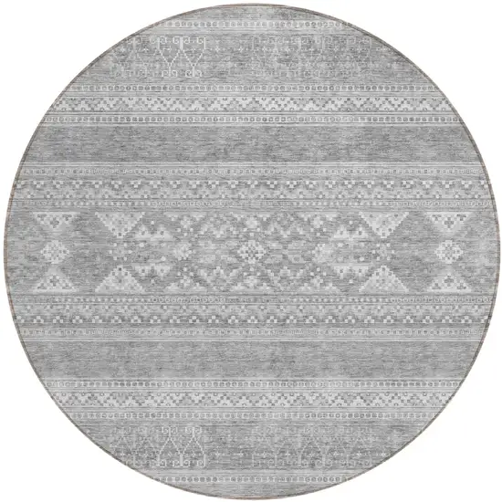 8' Silver Gray And Ivory Round Southwestern Washable Indoor Outdoor Area Rug Photo 1