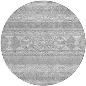 Photo of 8' Silver Gray And Ivory Round Southwestern Washable Indoor Outdoor Area Rug